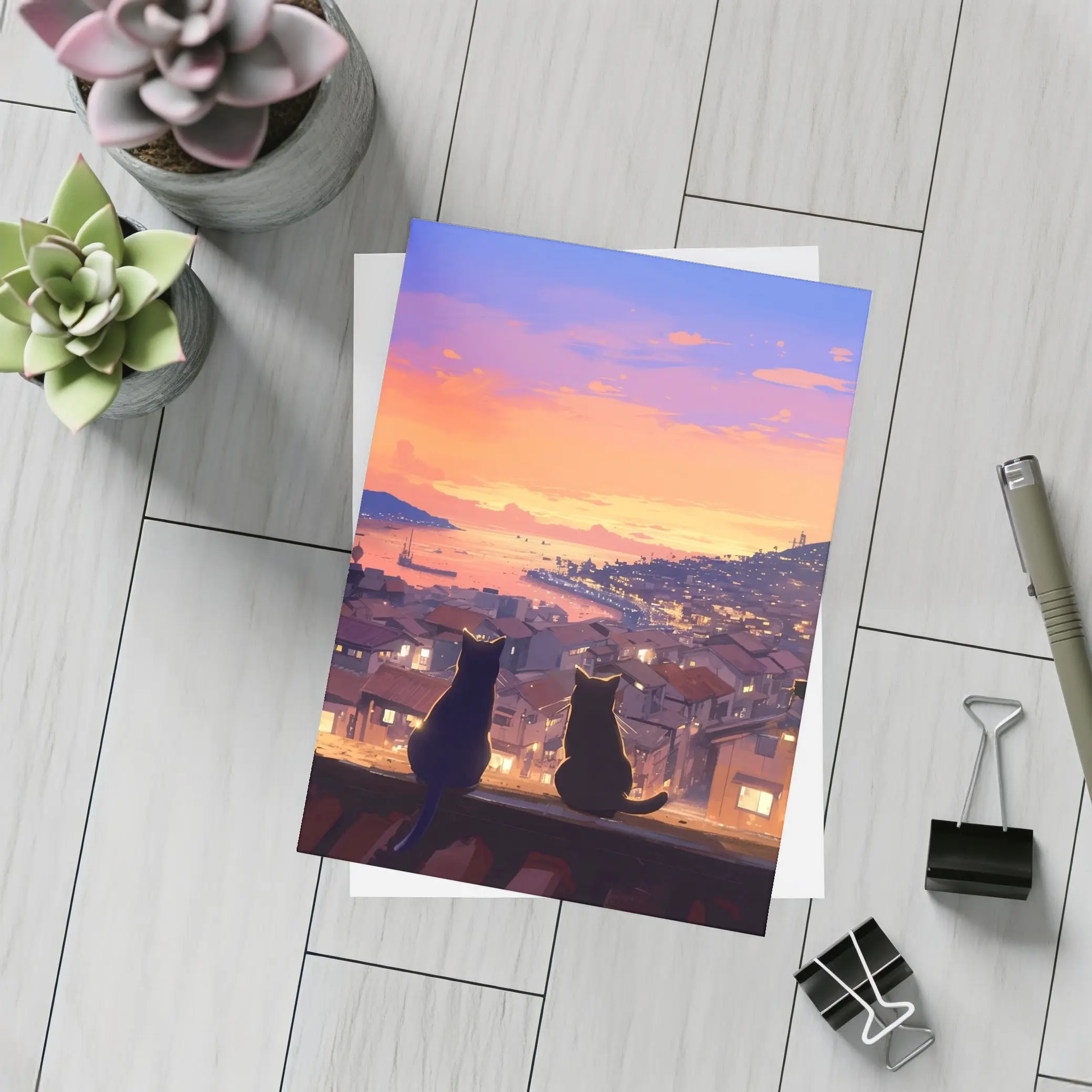 Two Cats Watching Anime City Sunset – Postcards