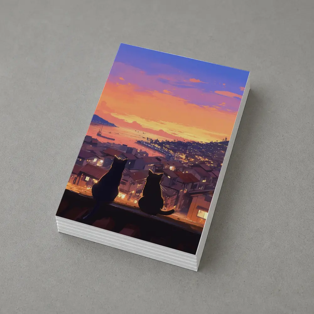 Two Cats Watching Anime City Sunset – Postcards
