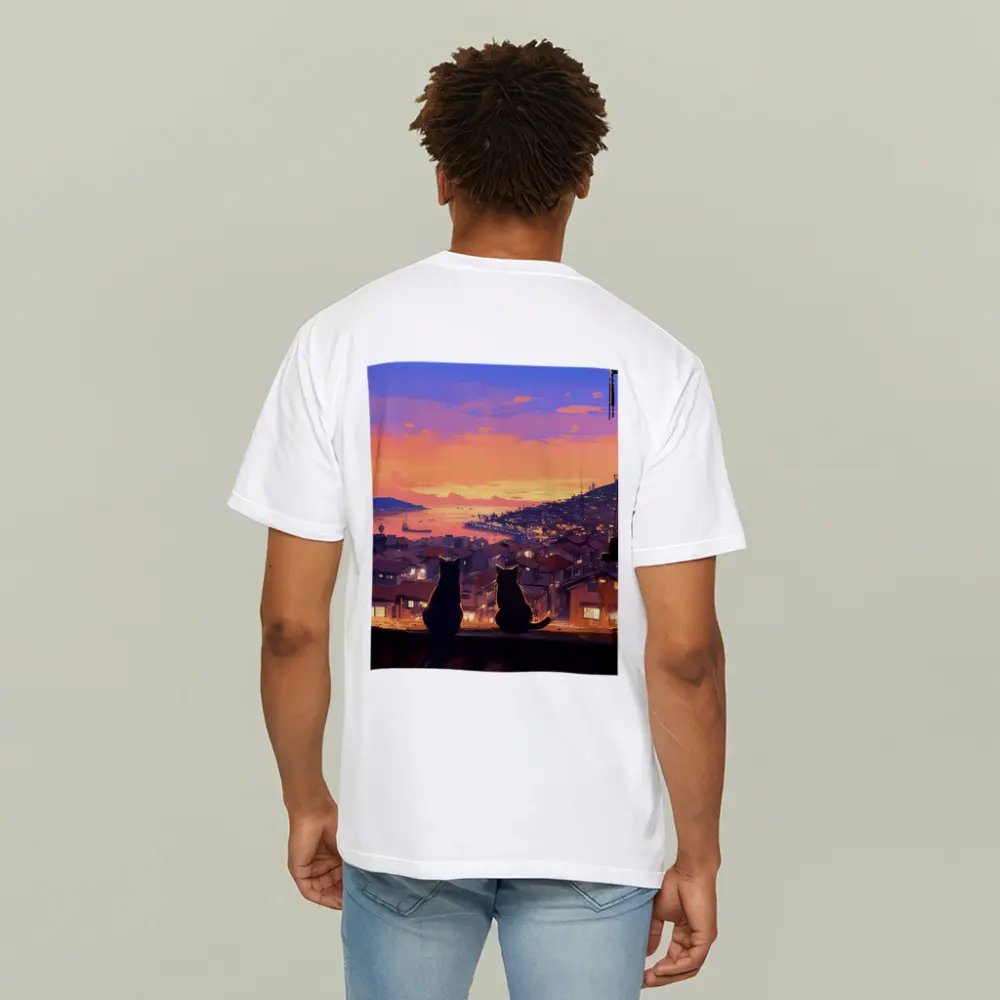 Two Cats Watching Anime City Sunset – T-Shirts