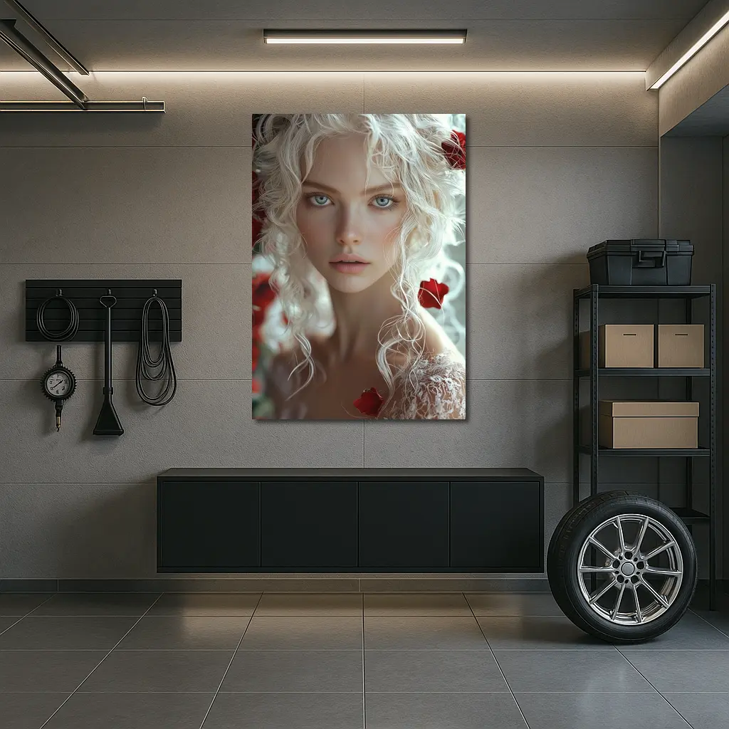 White Hair Woman Red Roses Portrait – Wall Art
