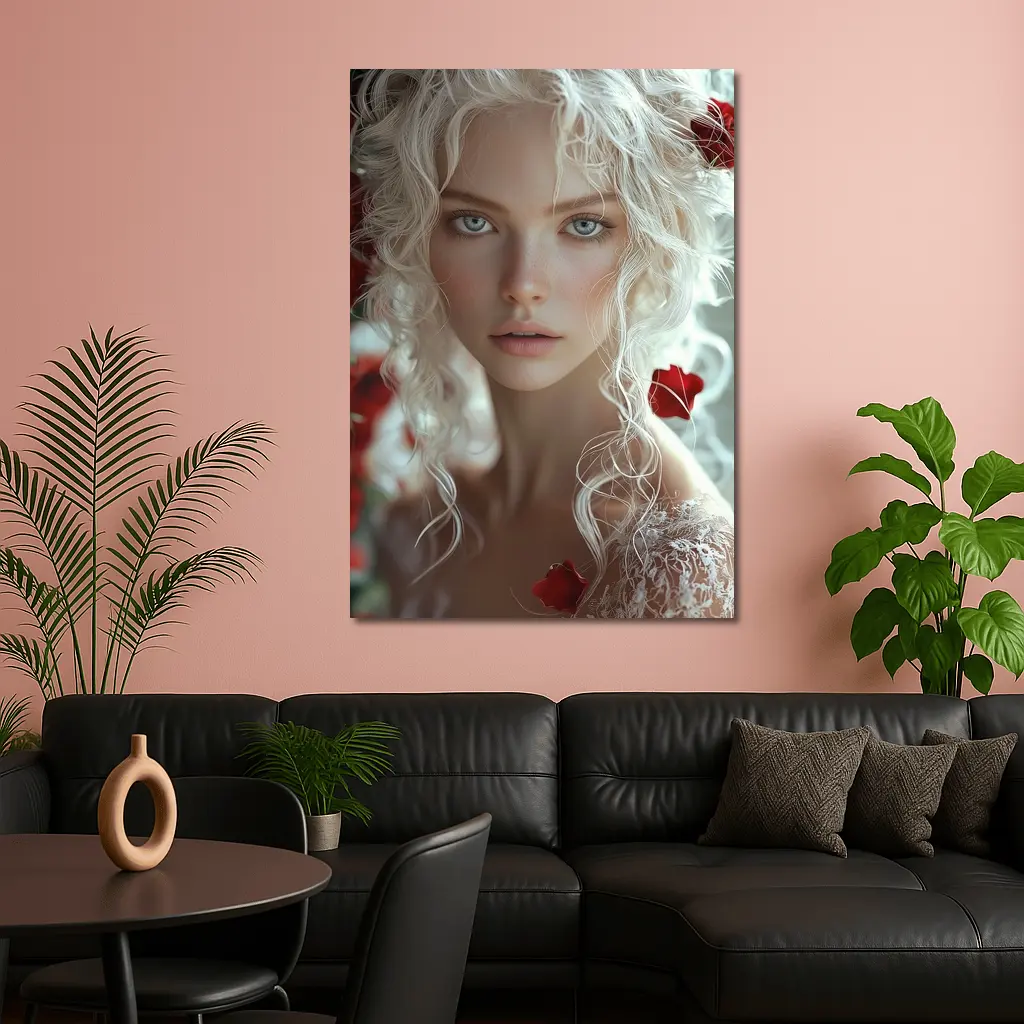 White Hair Woman Red Roses Portrait – Wall Art