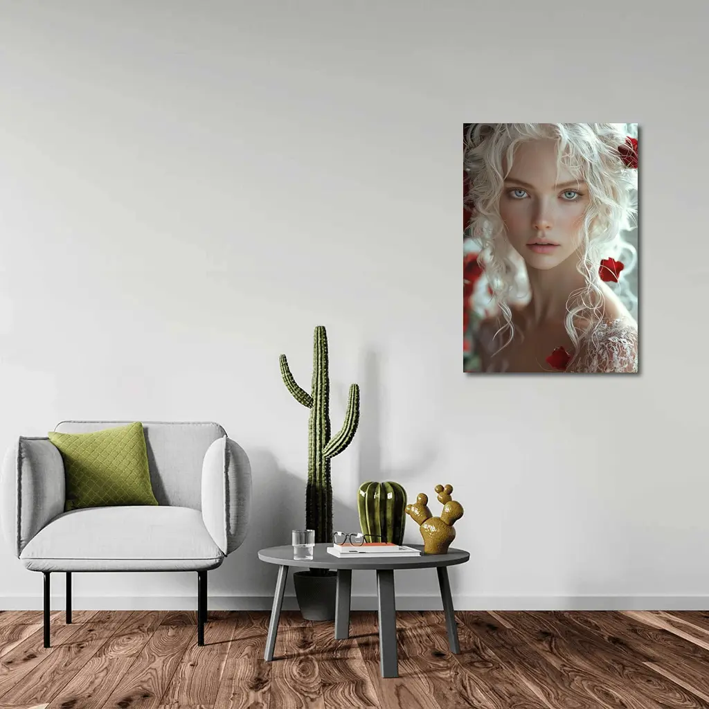 White Hair Woman Red Roses Portrait – Wall Art