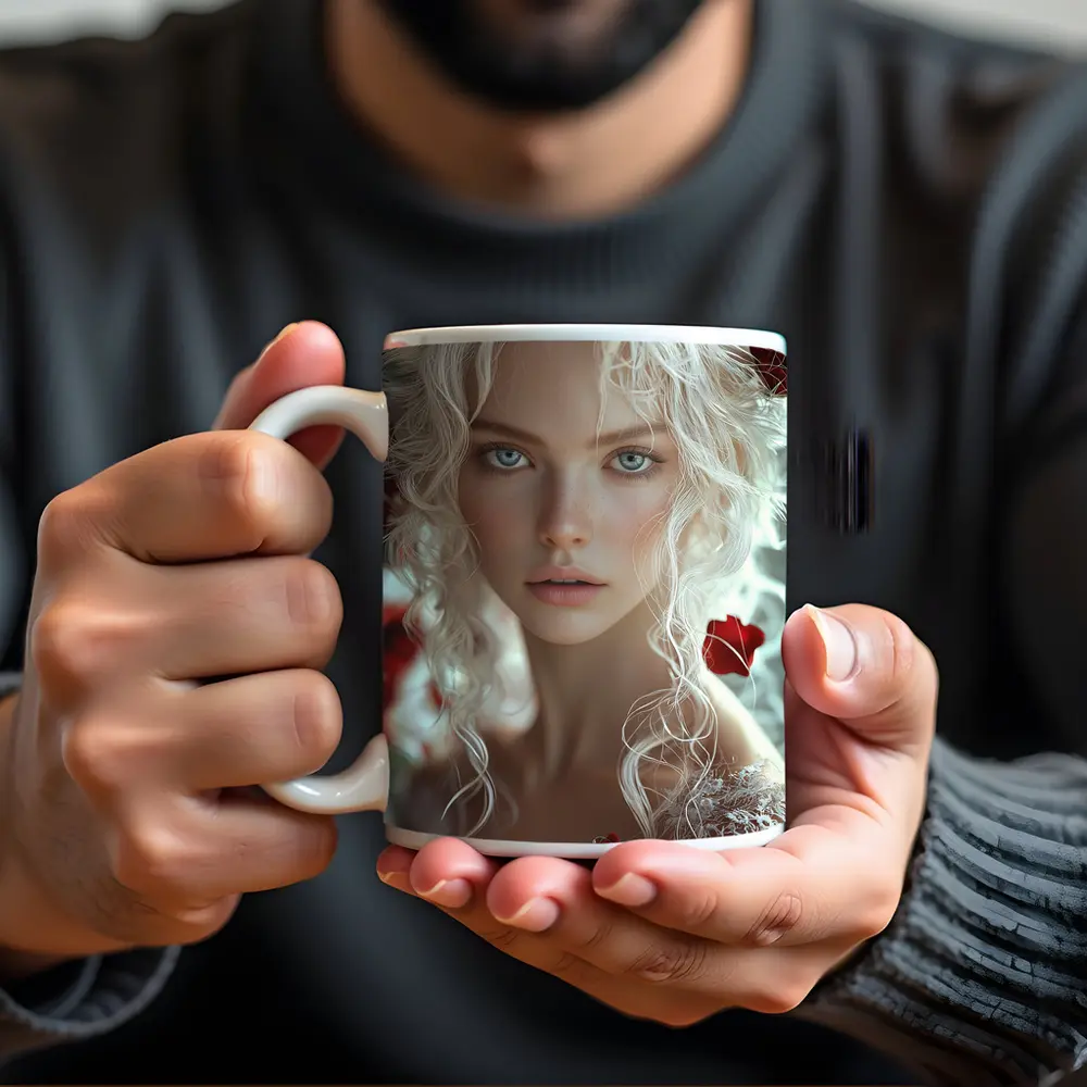 White Hair Woman Red Roses Portrait – Mugs