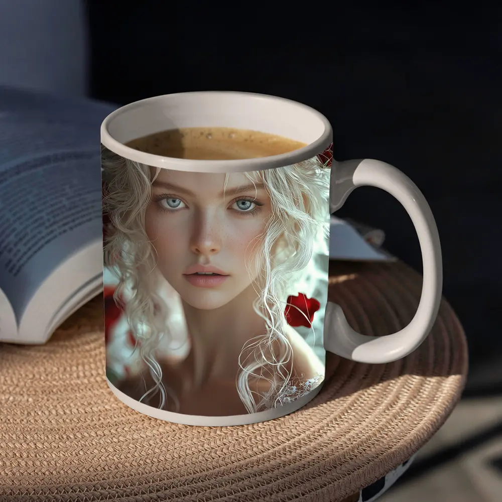 White Hair Woman Red Roses Portrait – Mugs