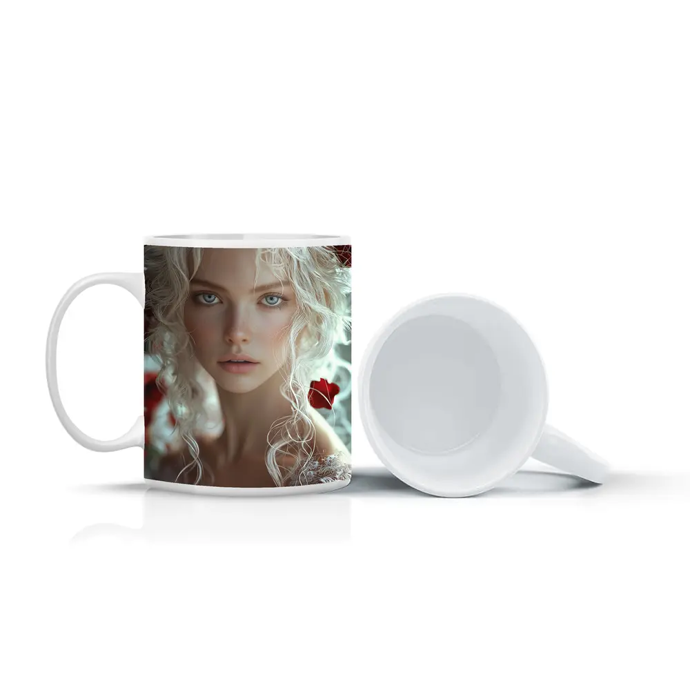 White Hair Woman Red Roses Portrait – Mugs