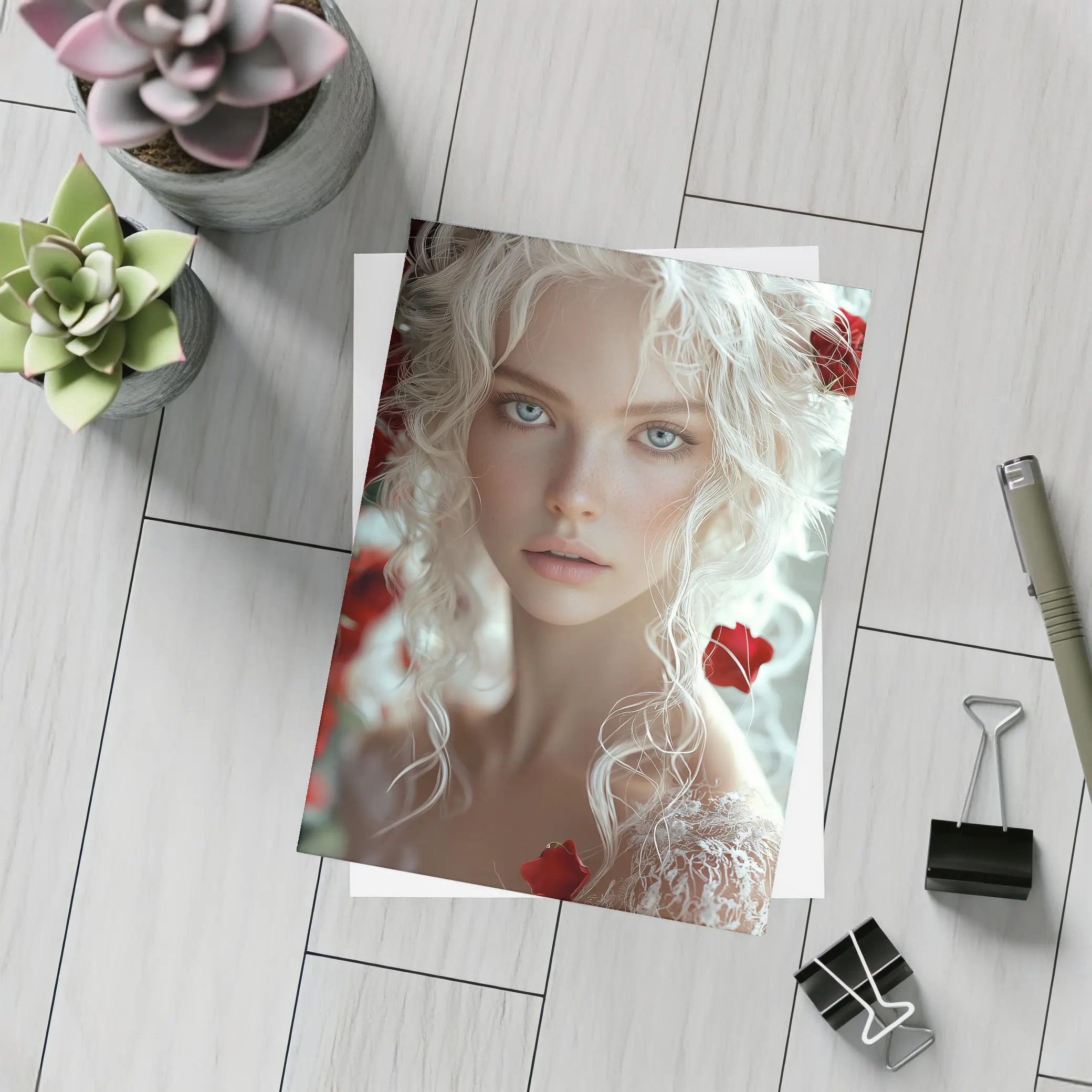 White Hair Woman Red Roses Portrait – Postcards
