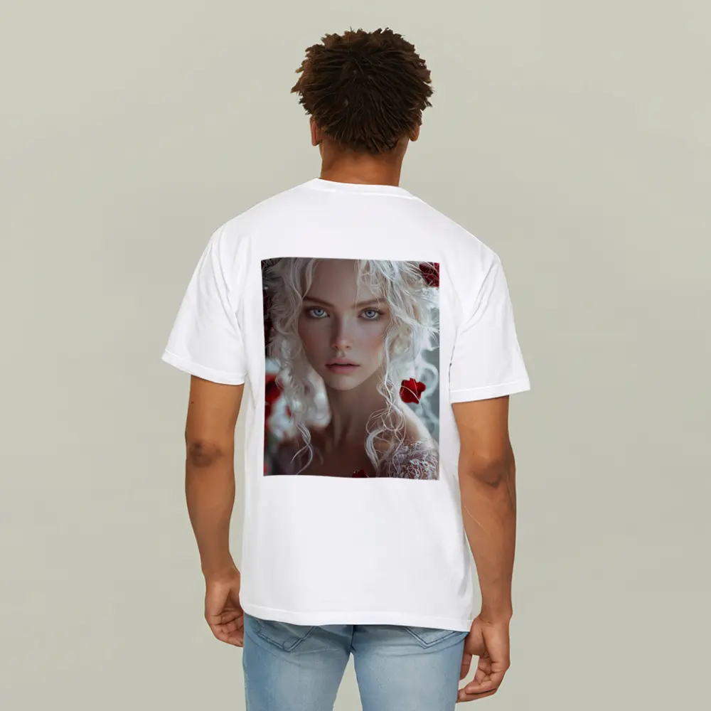 White Hair Woman Red Roses Portrait – T-Shirts