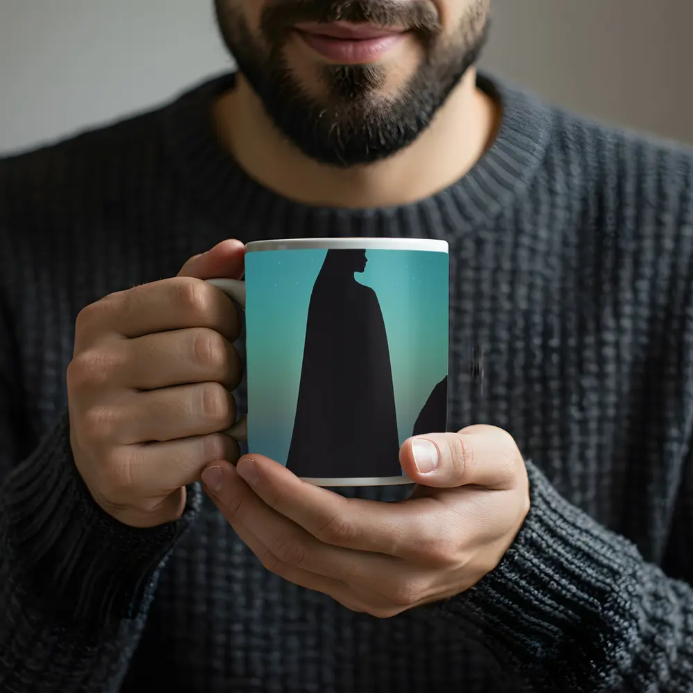 Cloaked Woman Silhouette Starry Night Sky – Mugs