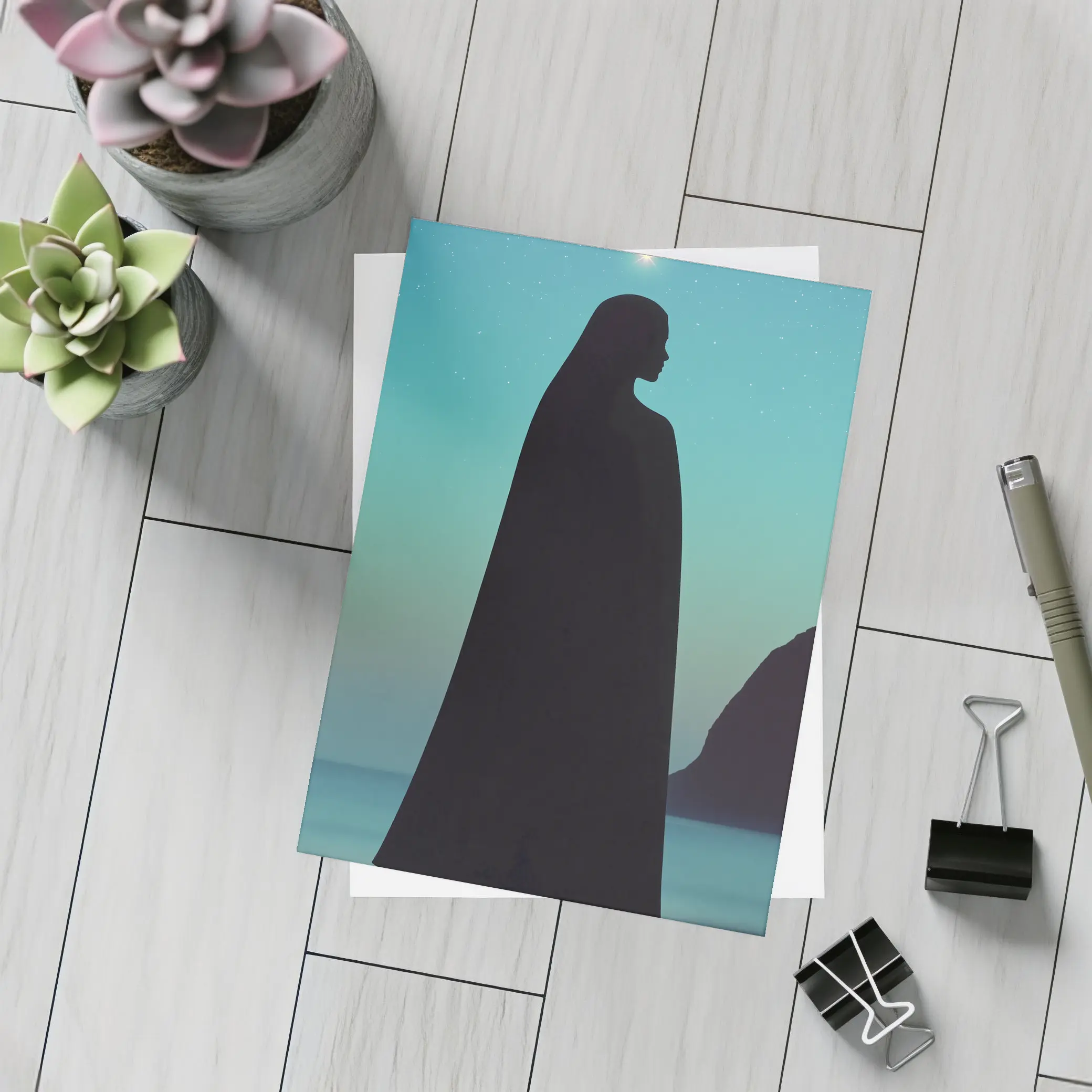 Cloaked Woman Silhouette Starry Night Sky – Postcards