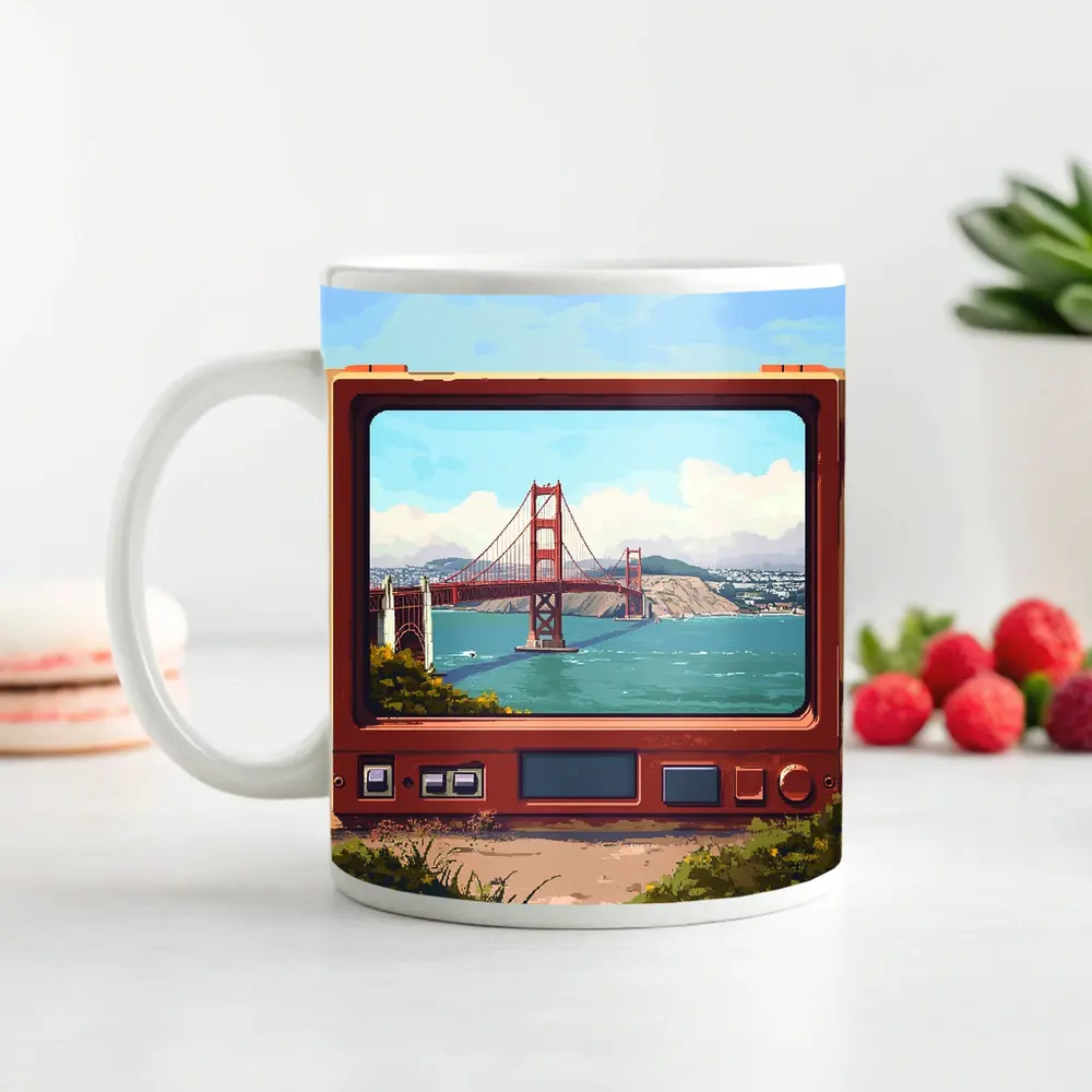 Golden Gate Bridge Pixel Art Retro TV – Mugs