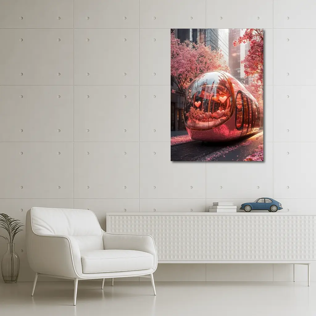 Futuristic Pink Bus City Cherry Blossoms – Wall Art