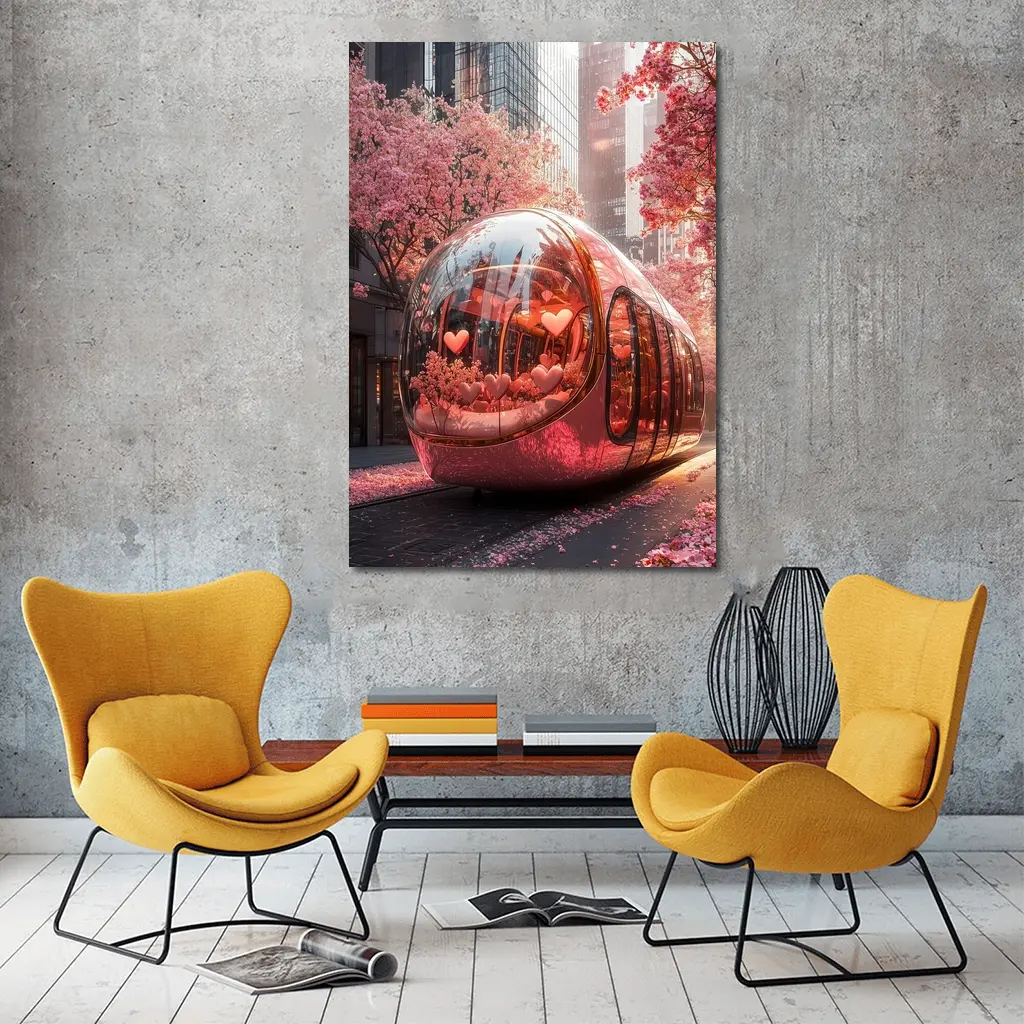 Futuristic Pink Bus City Cherry Blossoms – Wall Art