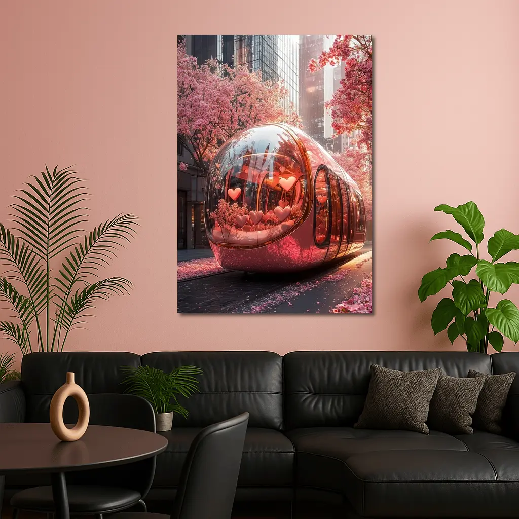 Futuristic Pink Bus City Cherry Blossoms – Wall Art