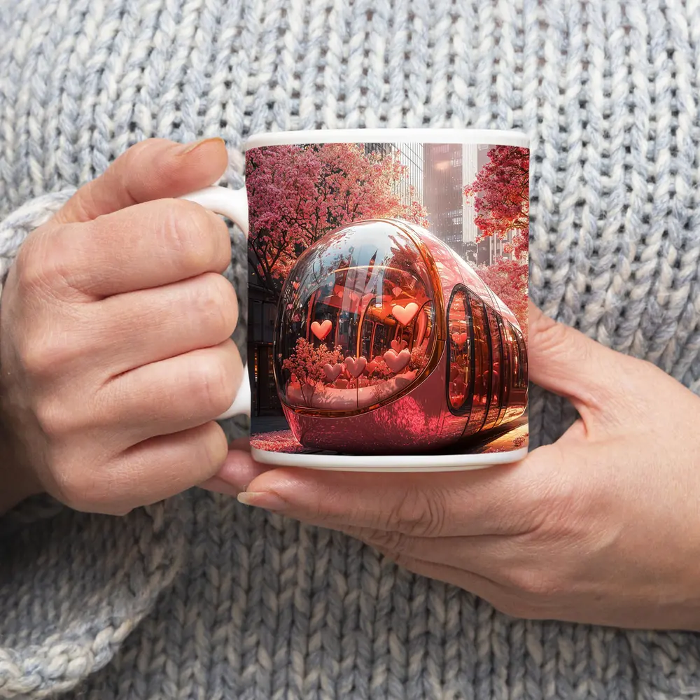 Futuristic Pink Bus City Cherry Blossoms – Mugs