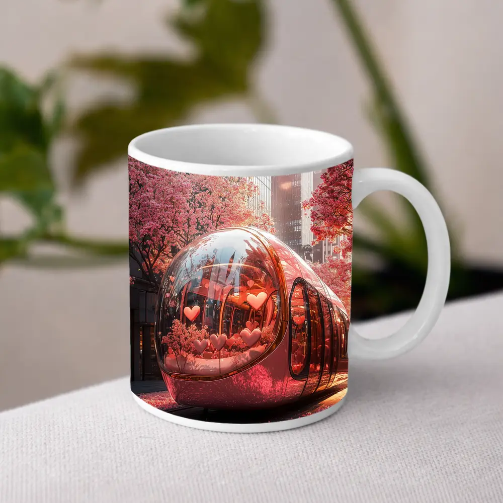 Futuristic Pink Bus City Cherry Blossoms – Mugs
