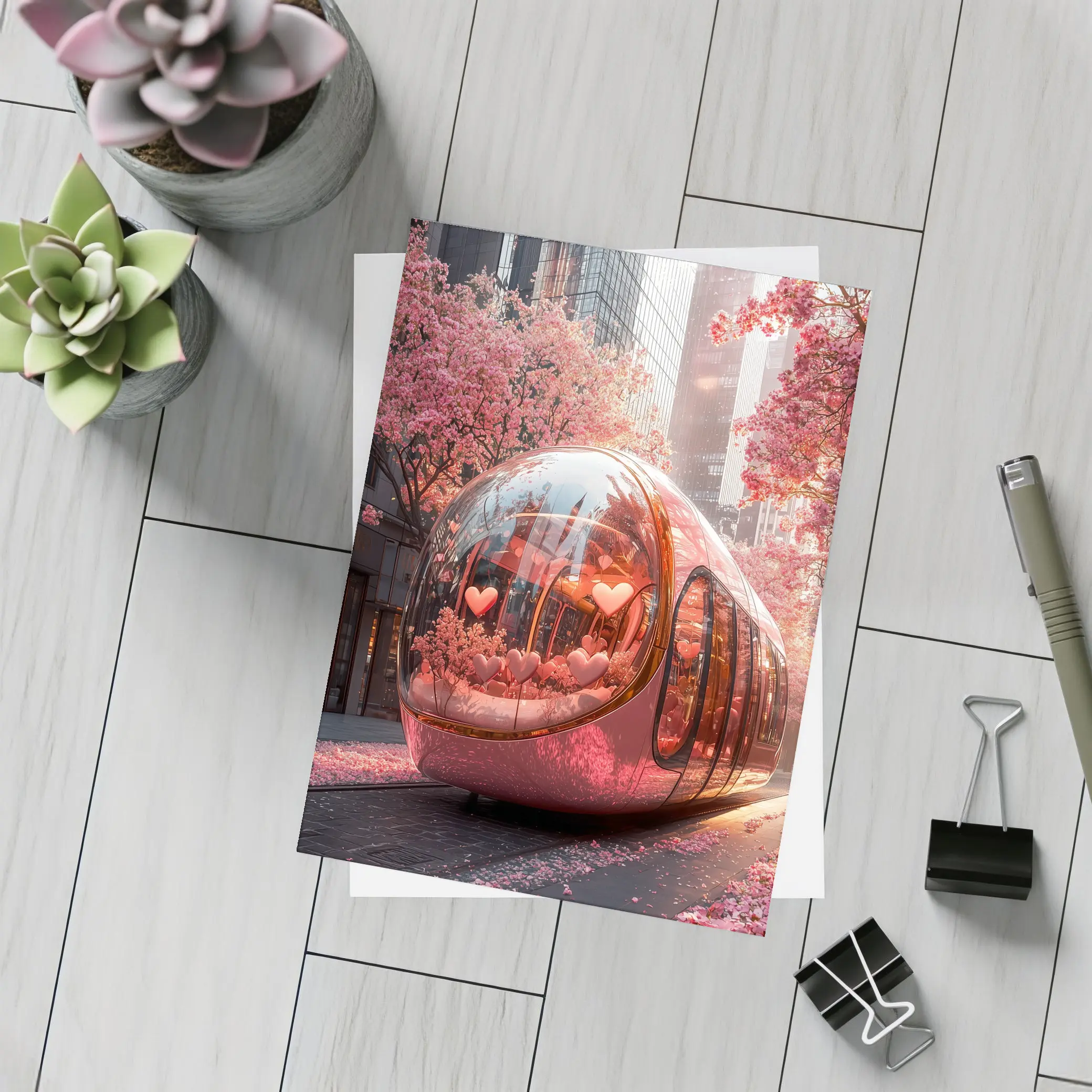 Futuristic Pink Bus City Cherry Blossoms – Postcards
