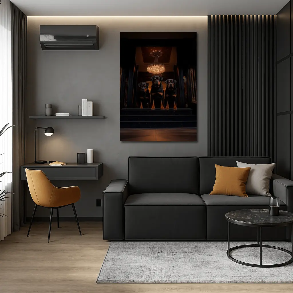 Three Rottweilers In Dark Luxury Interior – Wall Art
