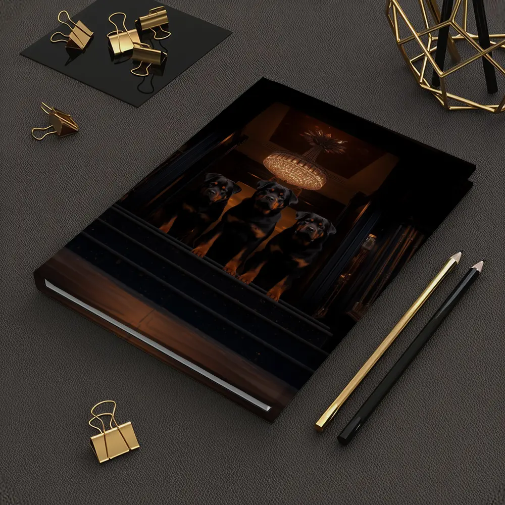 Three Rottweilers In Dark Luxury Interior – Notebooks