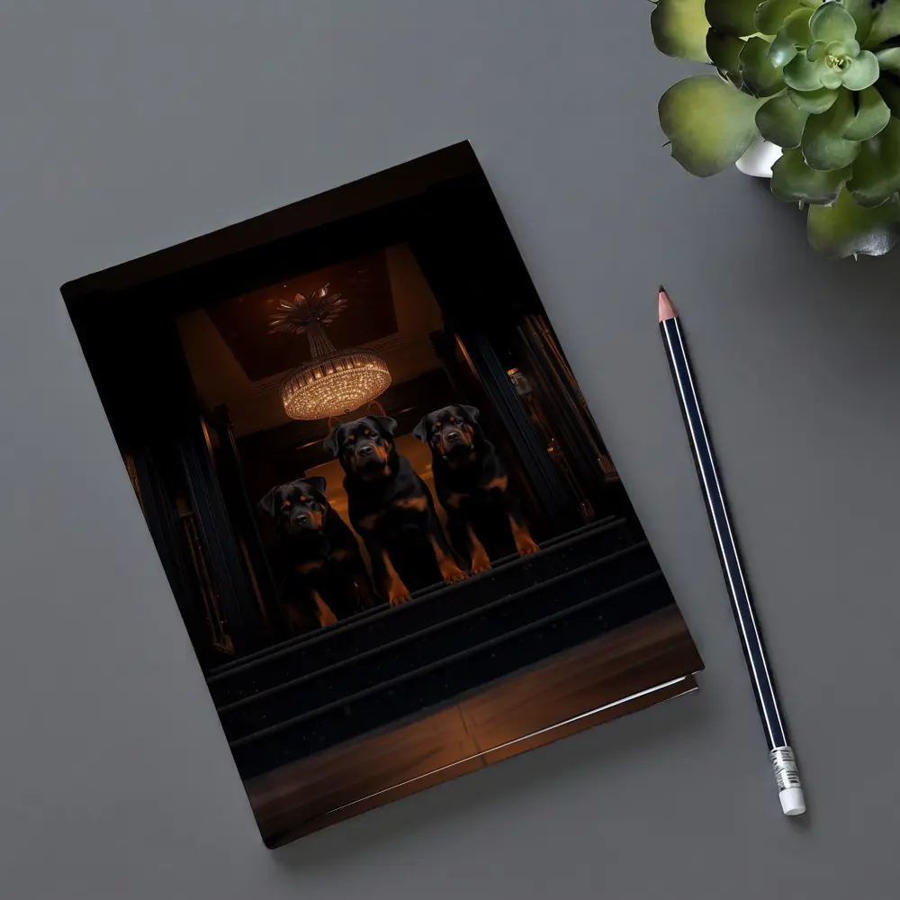 Three Rottweilers In Dark Luxury Interior – Notebooks