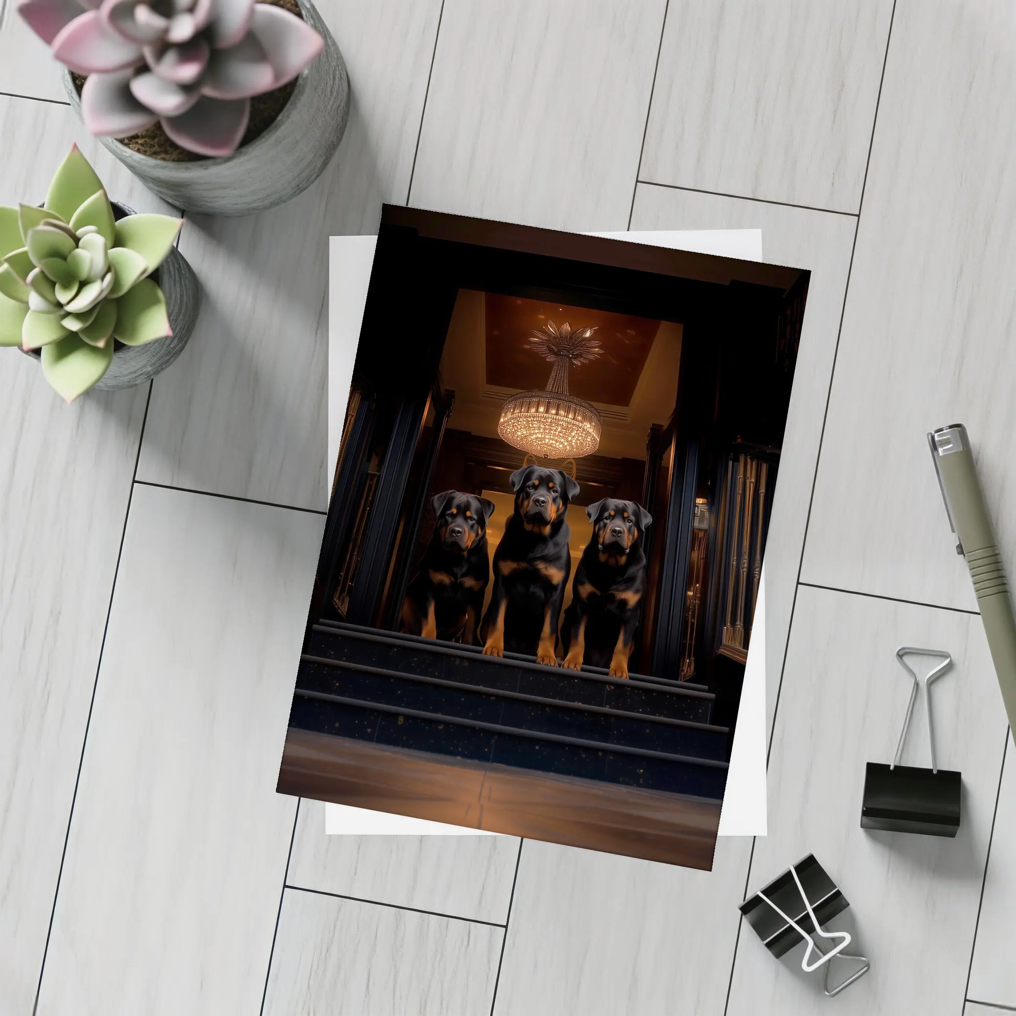 Three Rottweilers In Dark Luxury Interior – Postcards