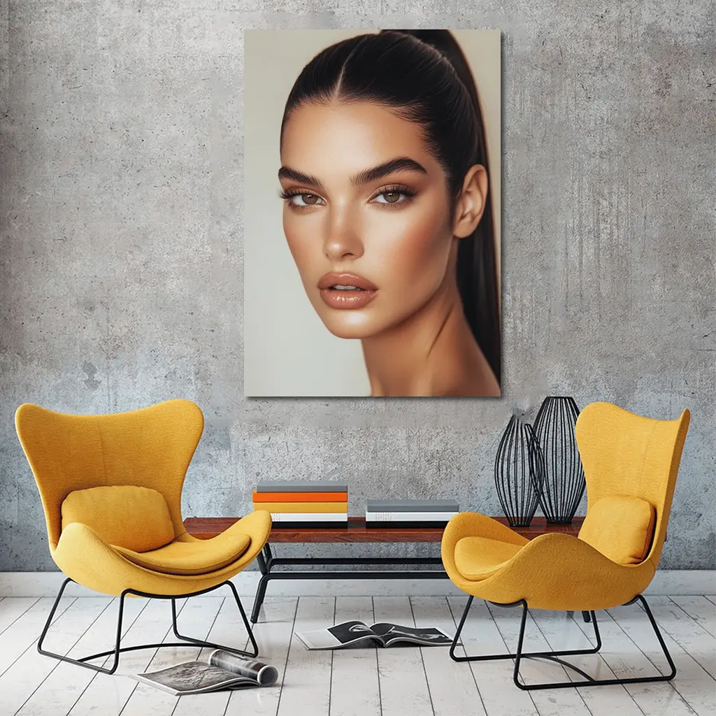 Beautiful Woman Portrait Neutral Beige Background – Wall Art