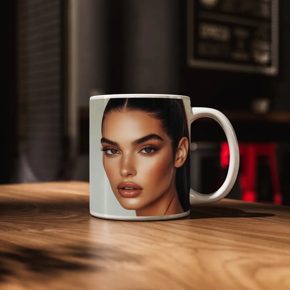 Beautiful Woman Portrait Neutral Beige Background – Mugs