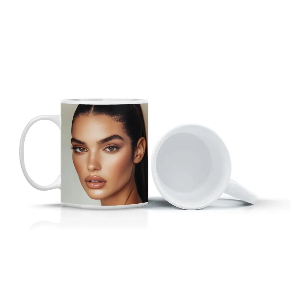 Beautiful Woman Portrait Neutral Beige Background – Mugs