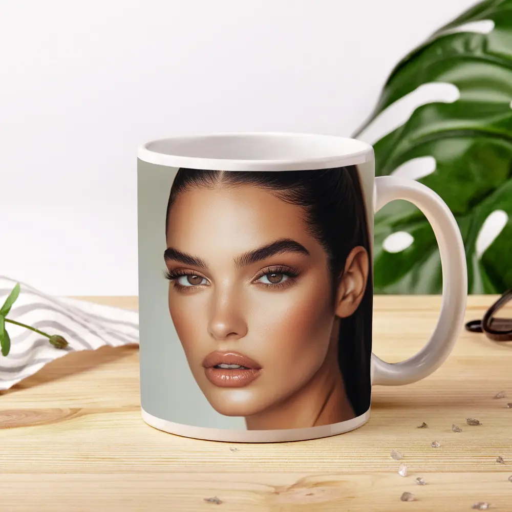 Beautiful Woman Portrait Neutral Beige Background – Mugs