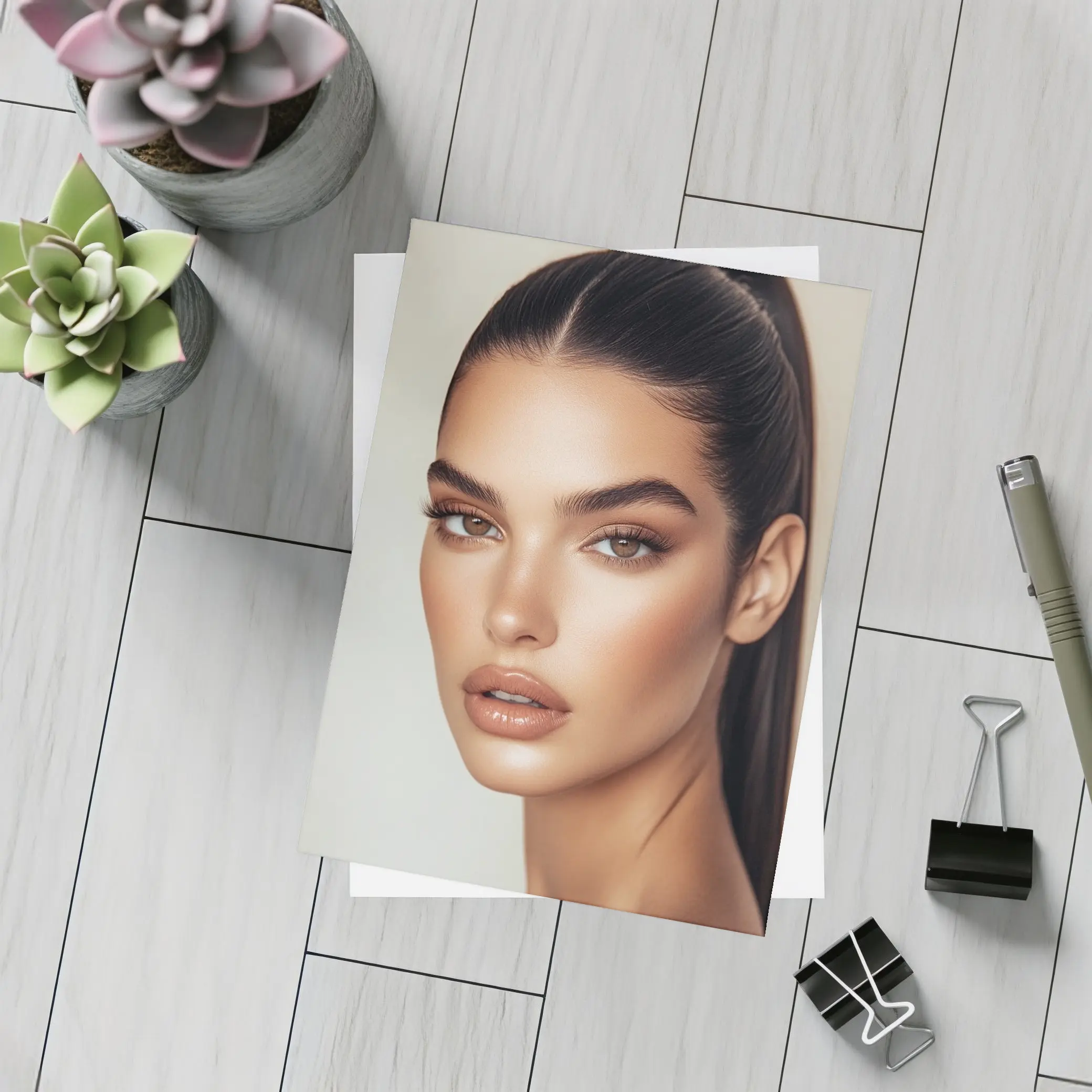Beautiful Woman Portrait Neutral Beige Background – Postcards