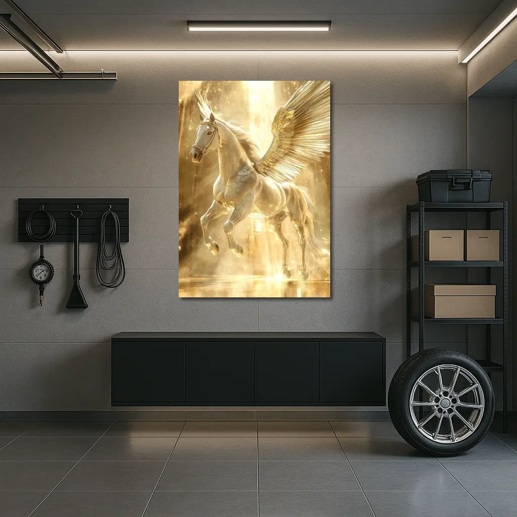 White Pegasus Golden Wings Glowing Light – Wall Art