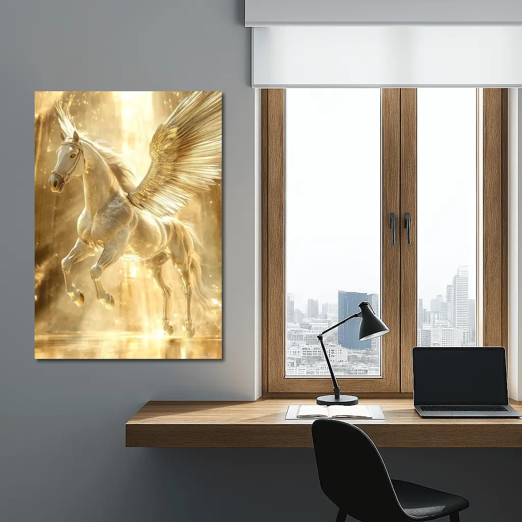 White Pegasus Golden Wings Glowing Light – Wall Art