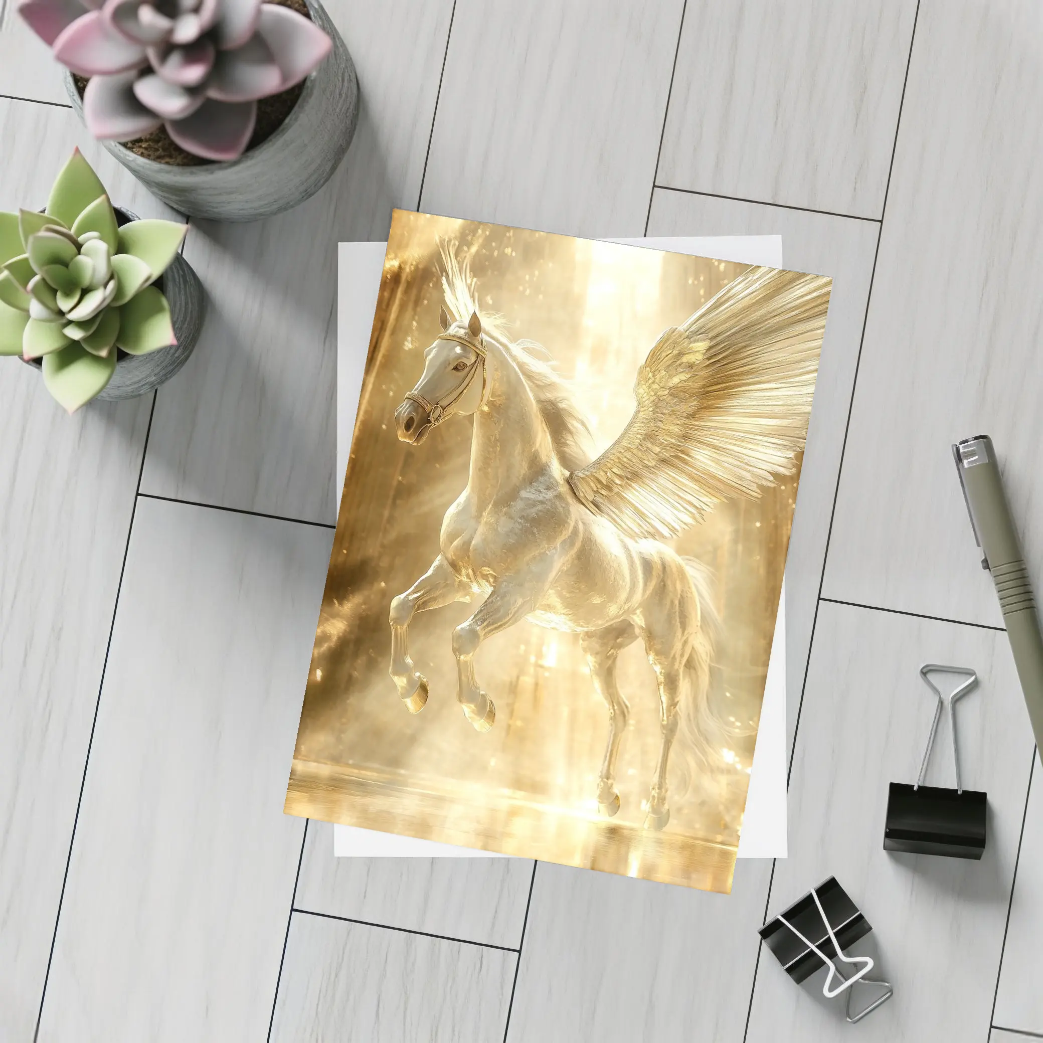 White Pegasus Golden Wings Glowing Light – Postcards