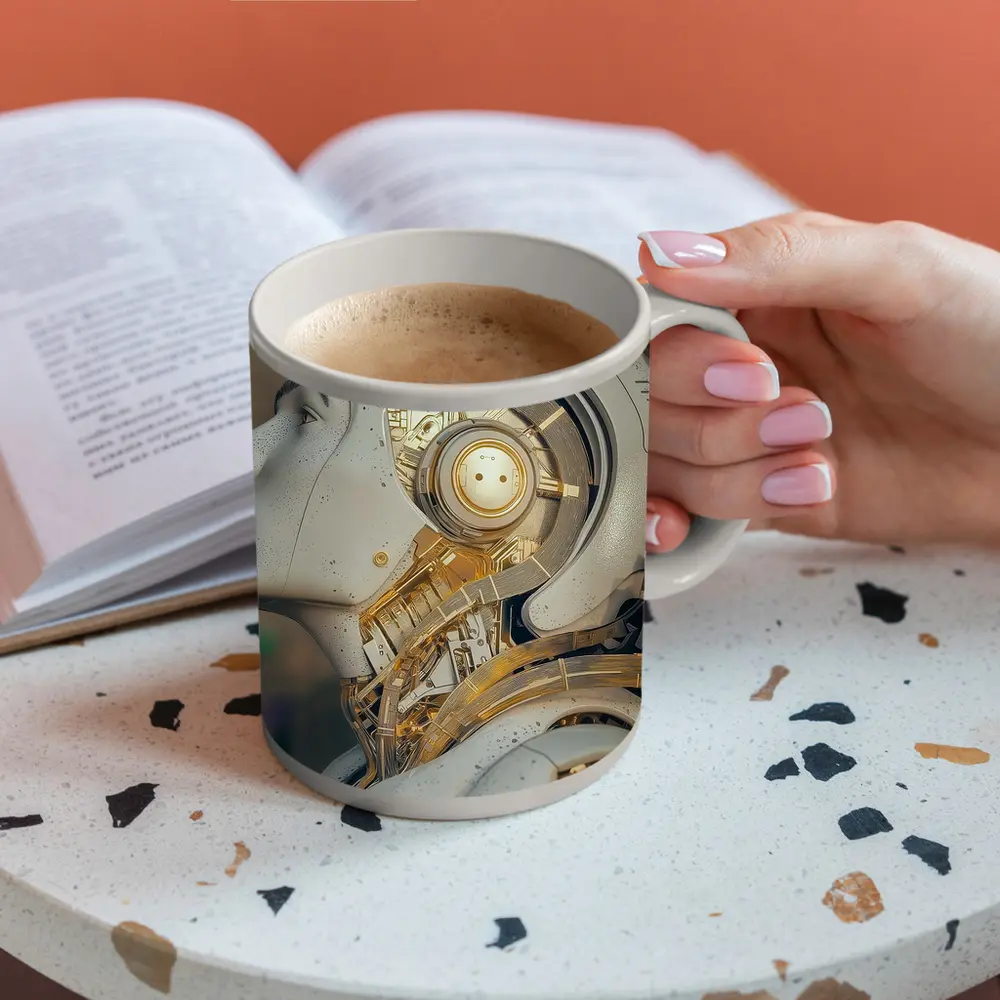 Gold Mechanical Robot Woman Profile Art – Mugs