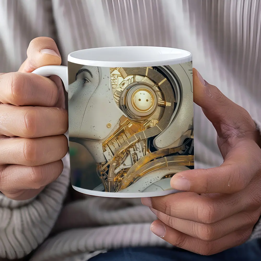 Gold Mechanical Robot Woman Profile Art – Mugs
