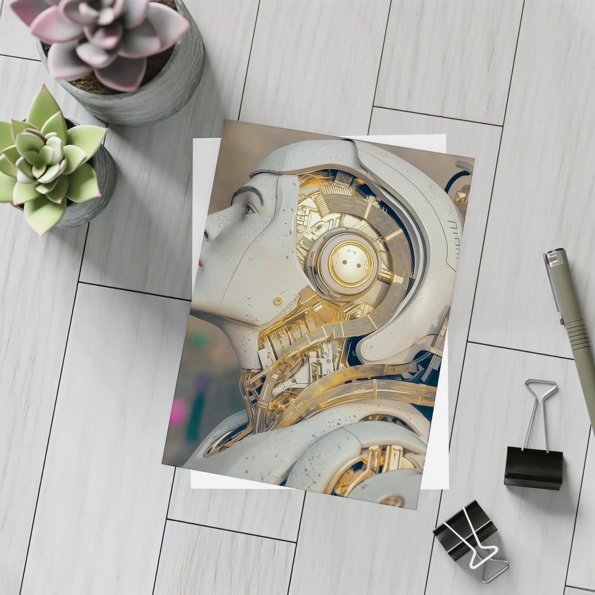 Gold Mechanical Robot Woman Profile Art – Postcards