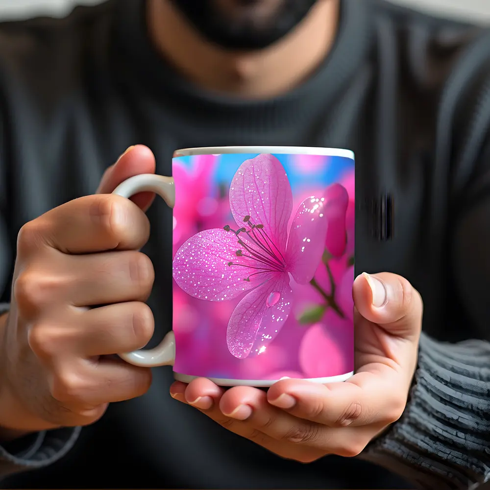 Pink Flower Blossoms Blue Sky Background – Mugs