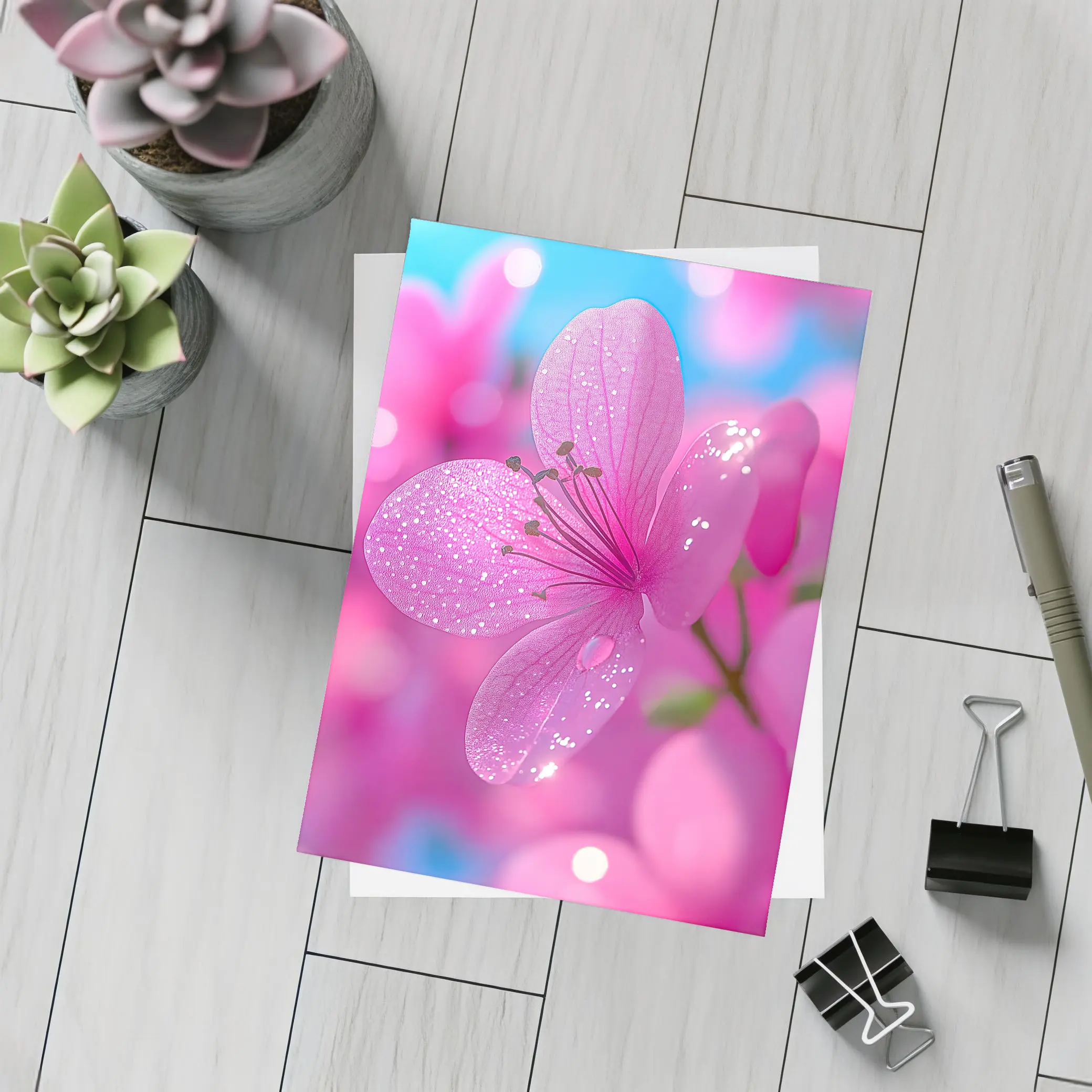 Pink Flower Blossoms Blue Sky Background – Postcards