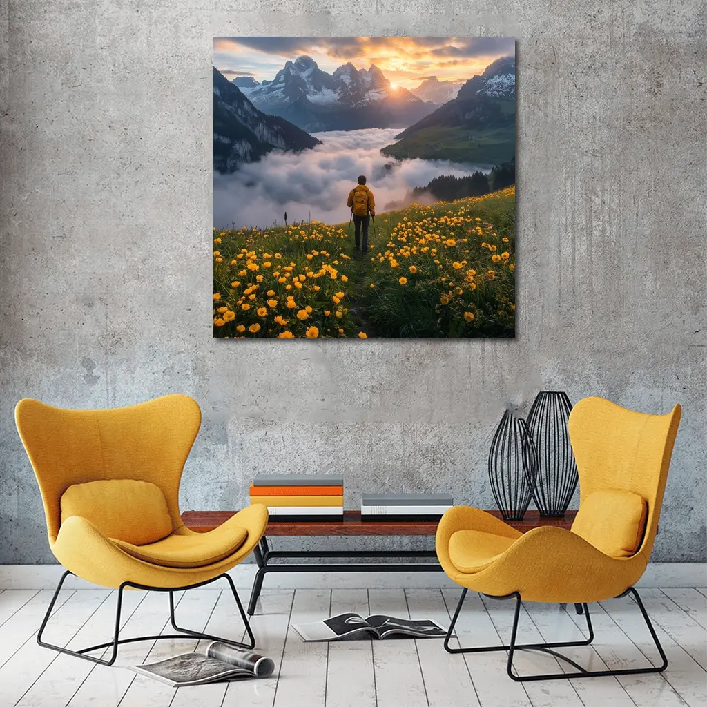 Hiker Standing Alpine Meadow Yellow Flowers Mountains – Wall Art