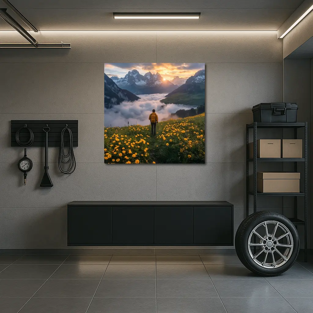Hiker Standing Alpine Meadow Yellow Flowers Mountains – Wall Art
