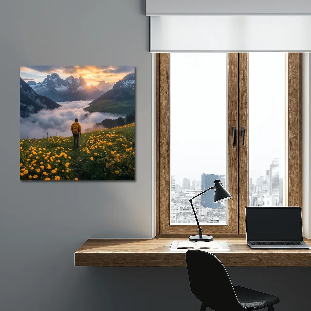 Hiker Standing Alpine Meadow Yellow Flowers Mountains – Wall Art