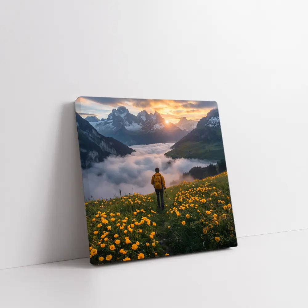 Hiker Standing Alpine Meadow Yellow Flowers Mountains – Wall Art