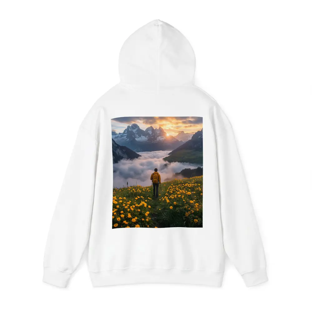 Hiker Standing Alpine Meadow Yellow Flowers Mountains – Hoodies