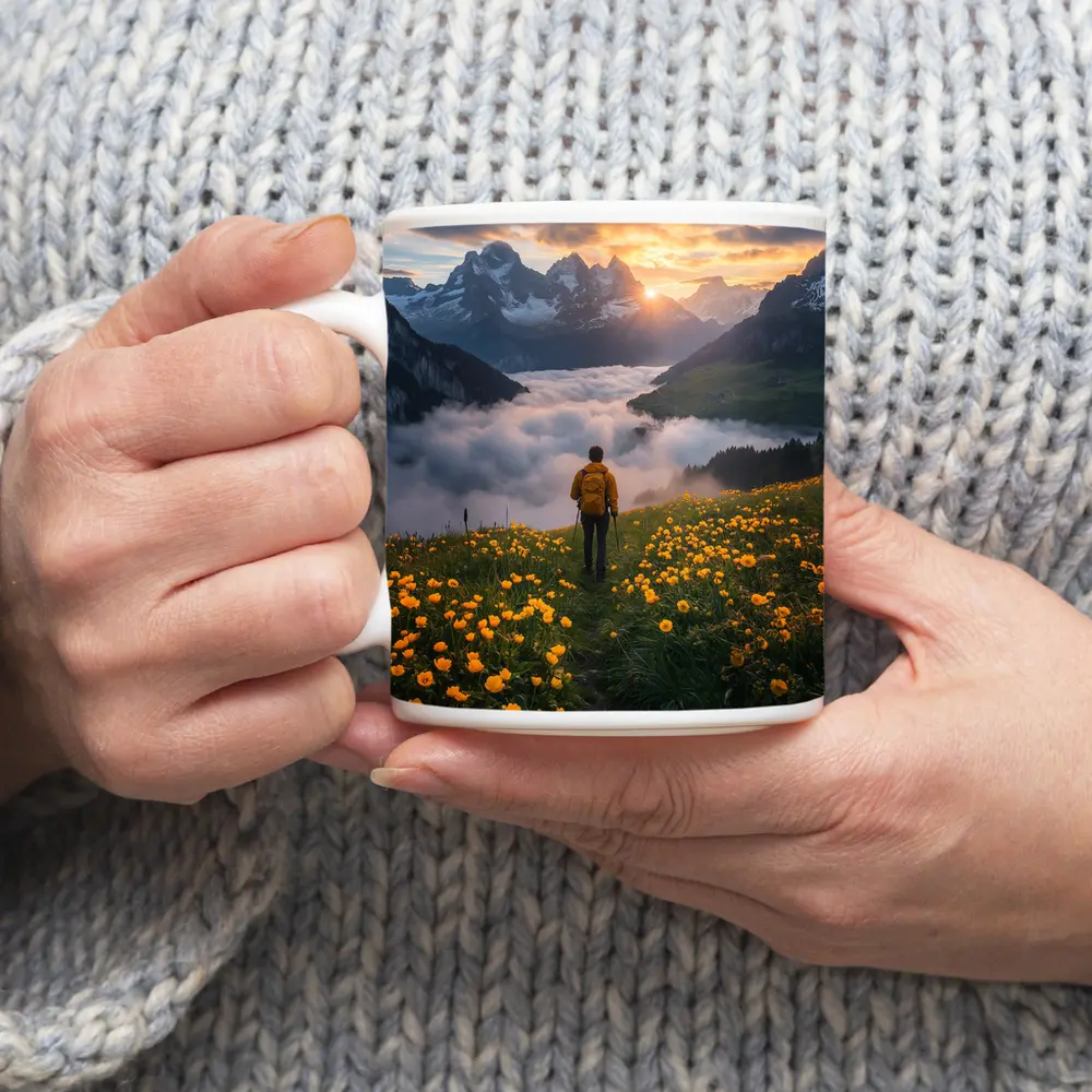 Hiker Standing Alpine Meadow Yellow Flowers Mountains – Mugs