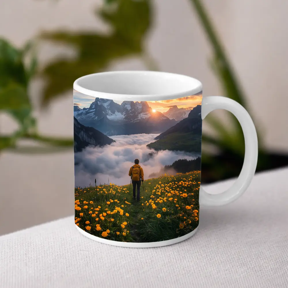 Hiker Standing Alpine Meadow Yellow Flowers Mountains – Mugs