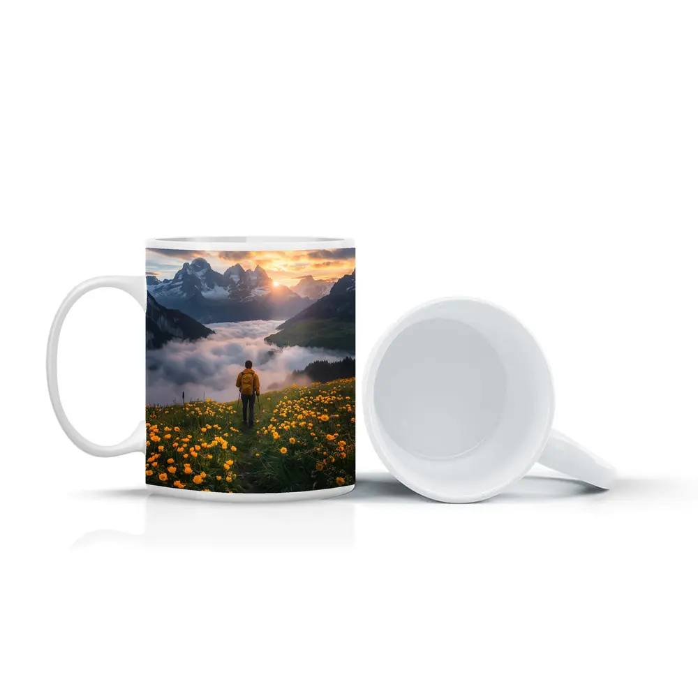 Hiker Standing Alpine Meadow Yellow Flowers Mountains – Mugs