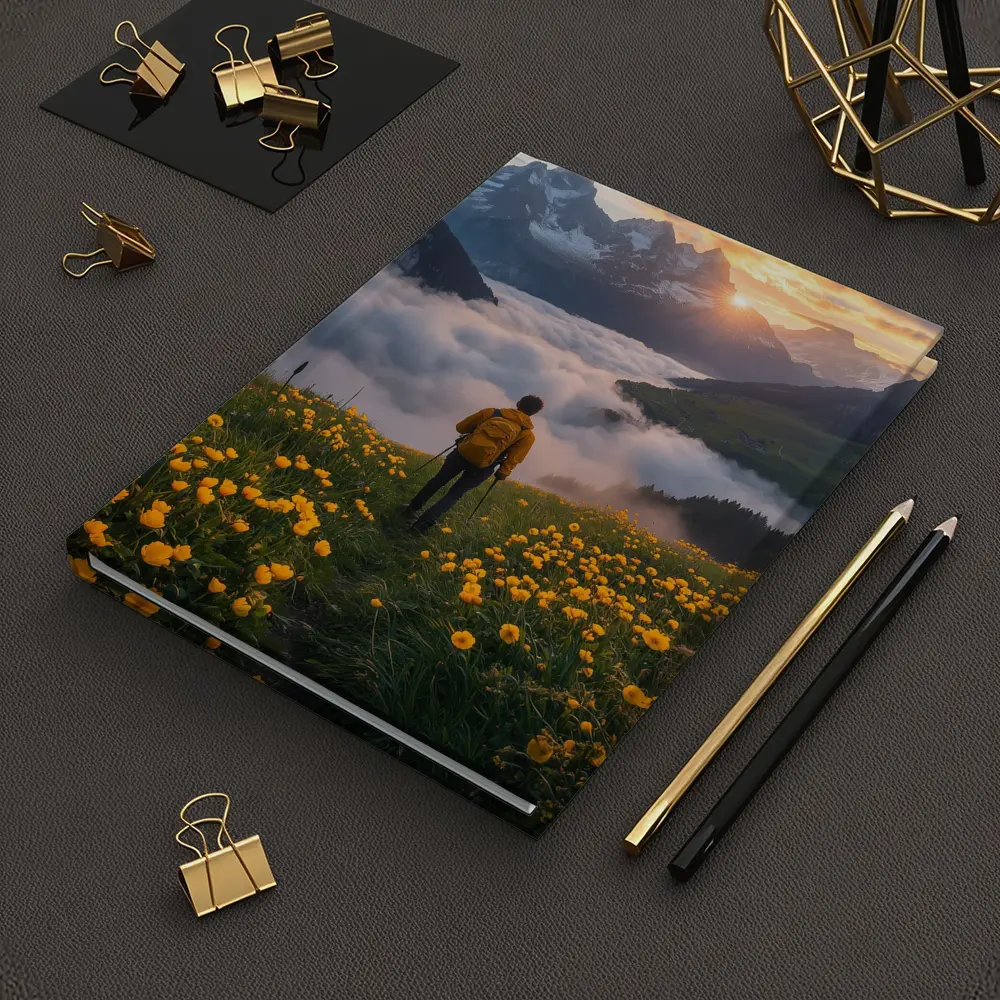 Hiker Standing Alpine Meadow Yellow Flowers Mountains – Notebooks