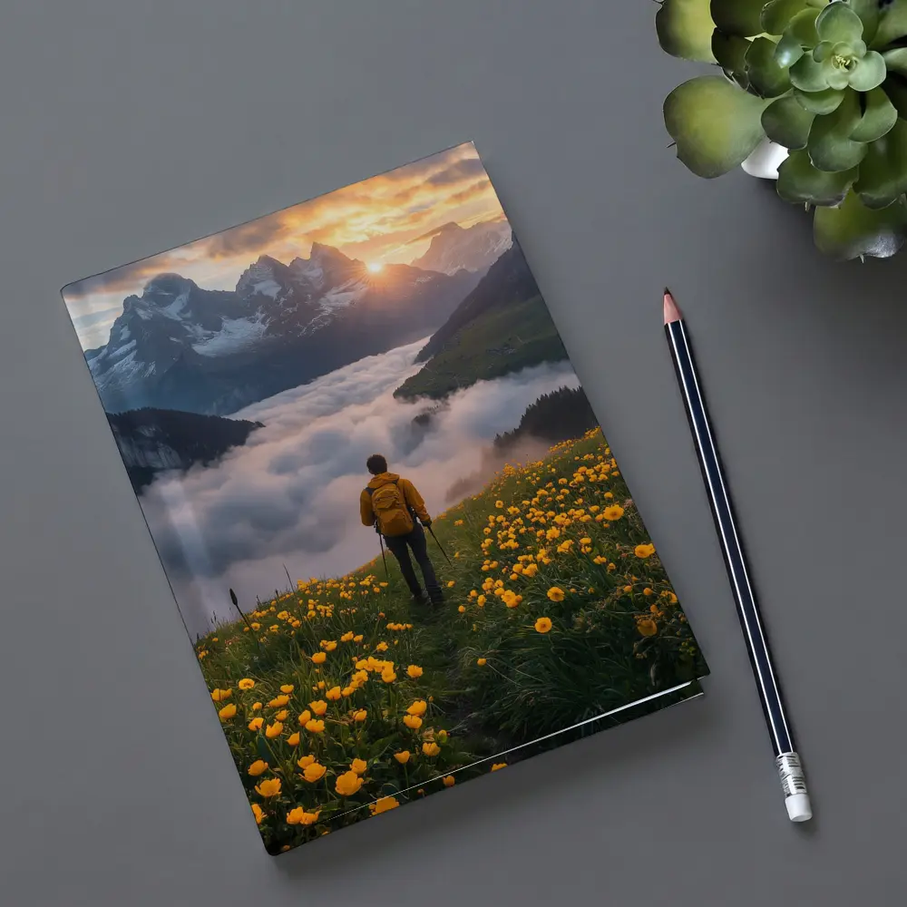 Hiker Standing Alpine Meadow Yellow Flowers Mountains – Notebooks