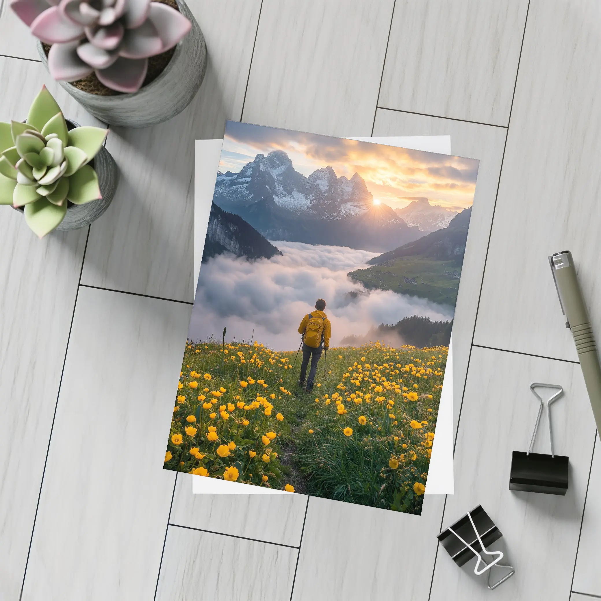 Hiker Standing Alpine Meadow Yellow Flowers Mountains – Postcards