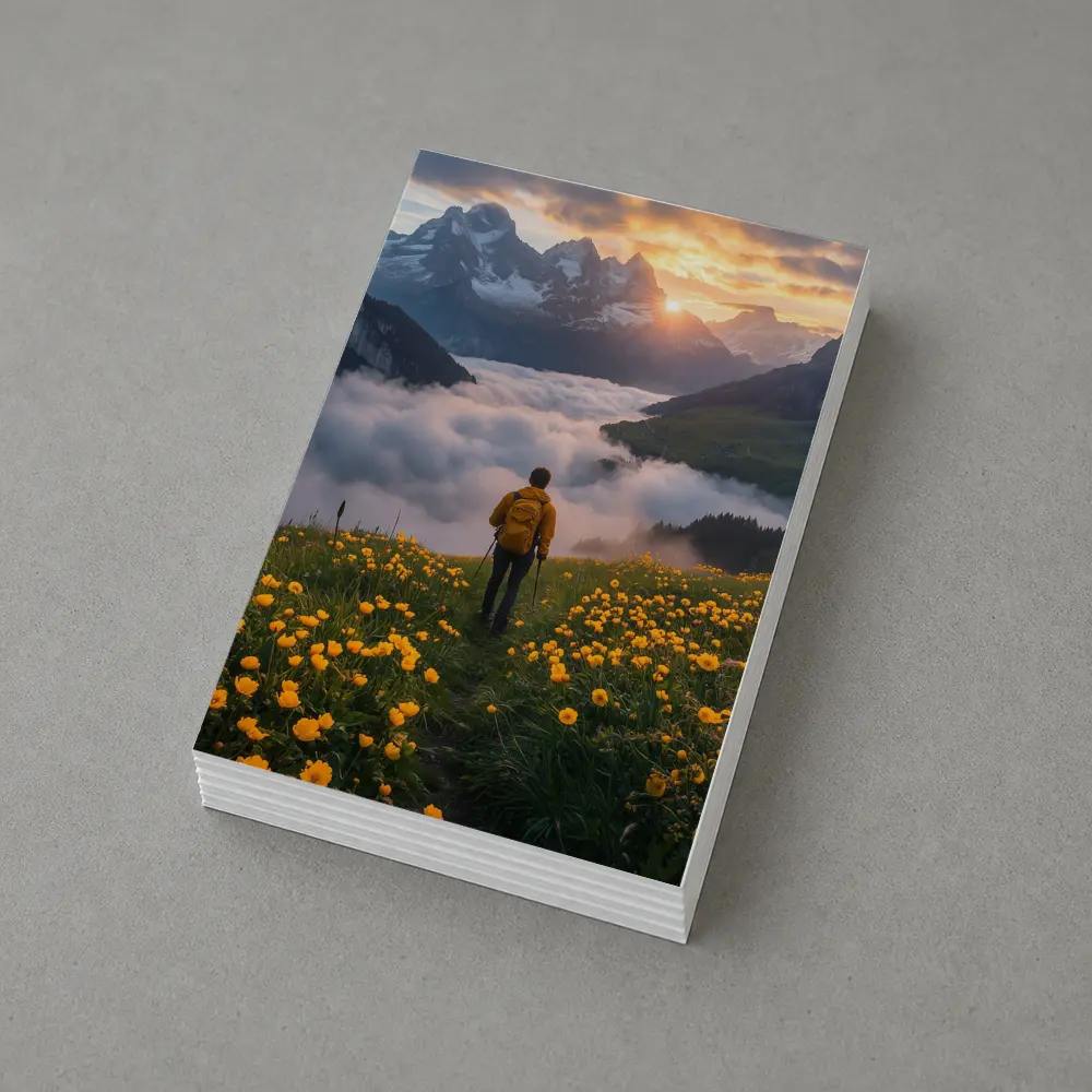 Hiker Standing Alpine Meadow Yellow Flowers Mountains – Postcards