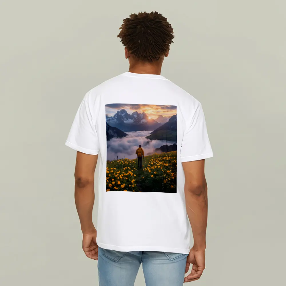 Hiker Standing Alpine Meadow Yellow Flowers Mountains – T-Shirts